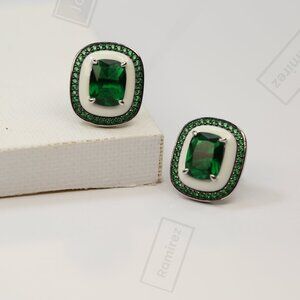 925 Sterling Silver Emerald-Tone CZ Stud Earrings • Elegant Green Sparkle Design